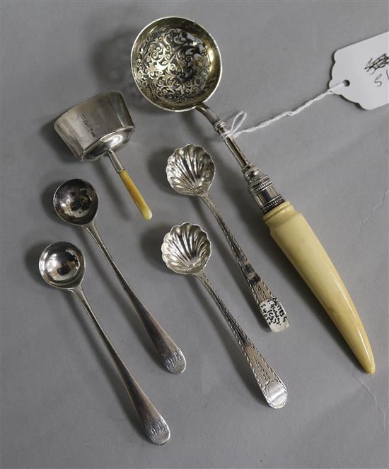 A Georgian silver caddy spoon(a.f), two pairs of Georgian salt spoons including Hester Bateman and a sifter spoon.